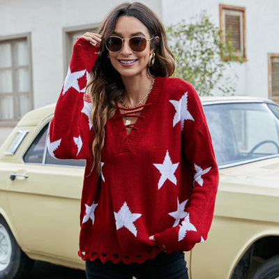 Women's Loose Drawstring Casual Five-star Brocade Sweater by Glamytek