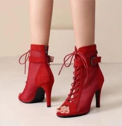 Fashion Fish Mouth Hollow Mesh Cross Lace Buckle High Heel Dance Shoes by Glamytek