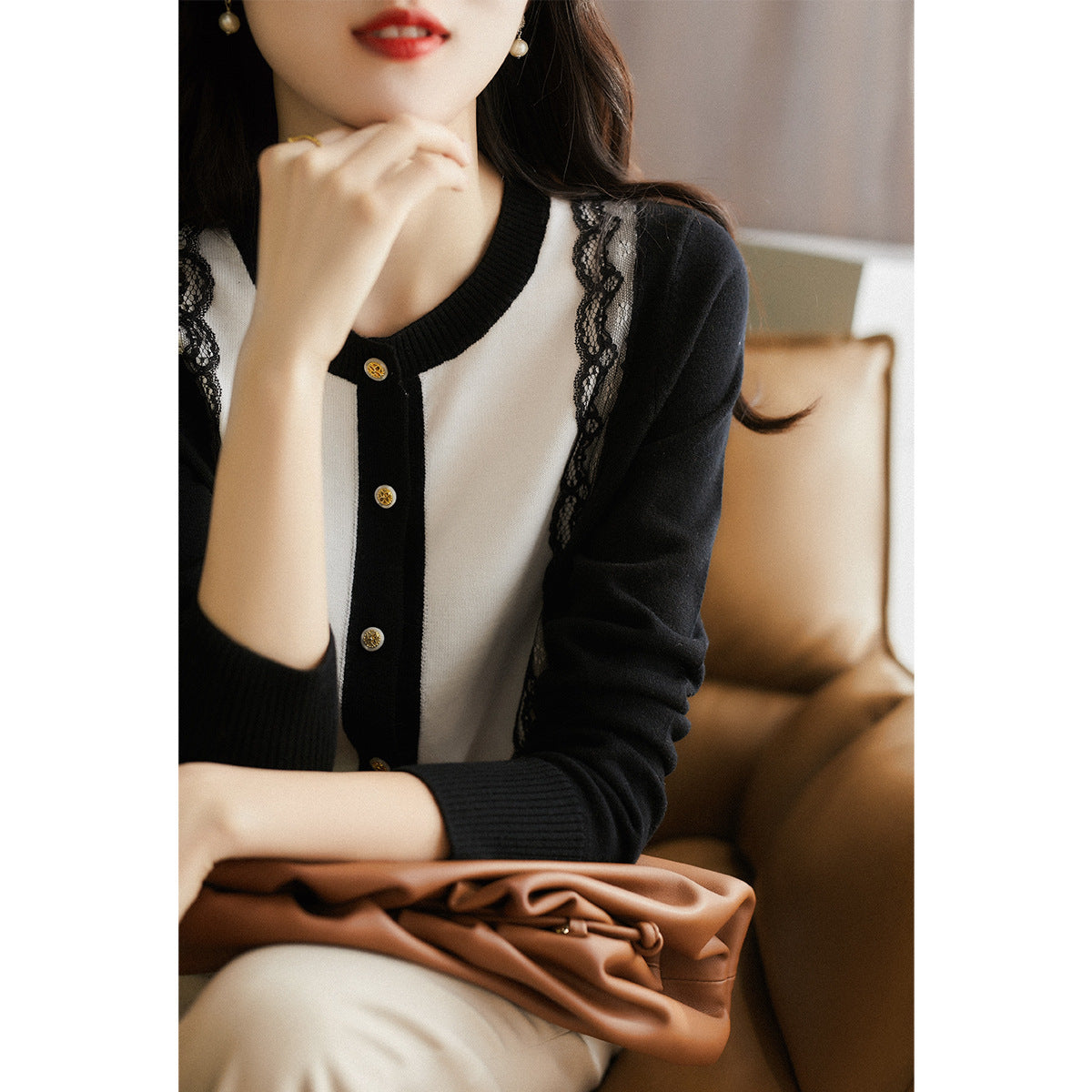 Slimming Lace Patchwork Round Neck Knitted Cardigan Sweater by Glamytek