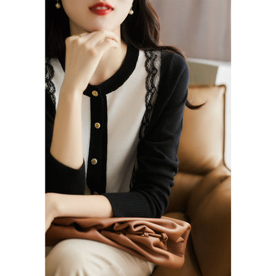 Slimming Lace Patchwork Round Neck Knitted Cardigan Sweater by Glamytek
