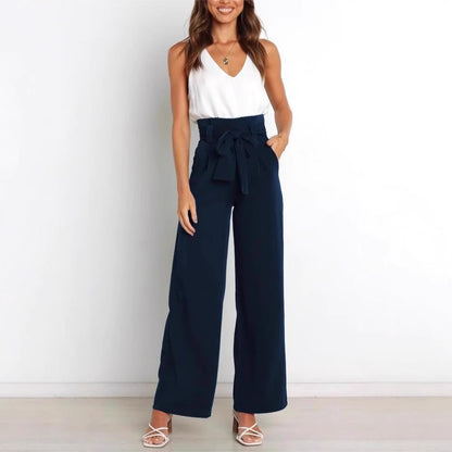 Wide-leg high-waisted lace-up dress pants woman
