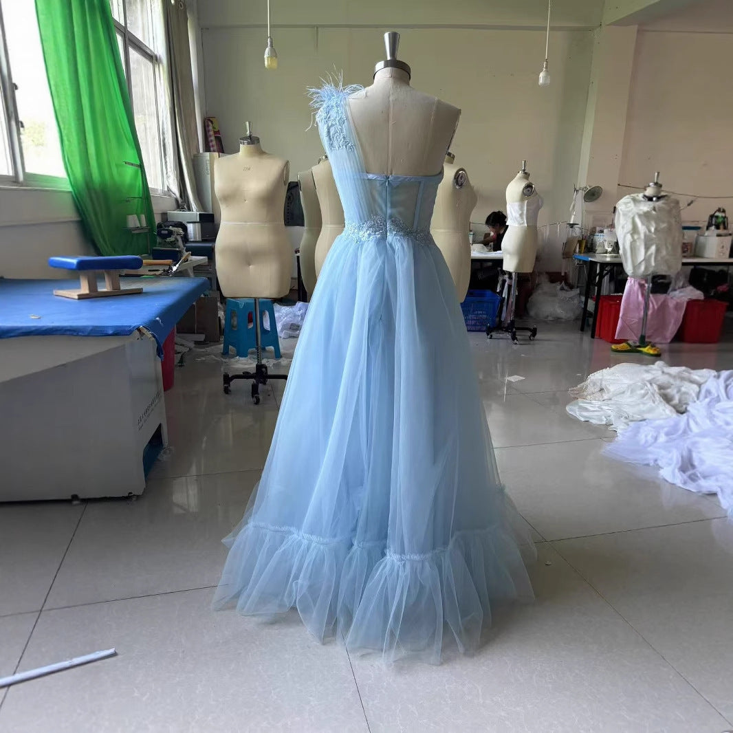 Blue One-shoulder Feather Wedding Dress by Glamytek