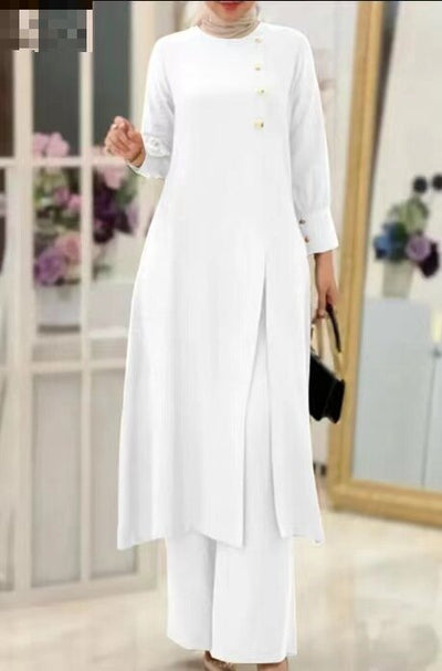 Women's Two-Piece Elegant Long Shirt Wide Leg Pants Set by Glamytek