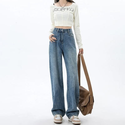 Simple All-matching Wide Leg Jeans For Women Spring And Autumn New High Waist by Glamytek