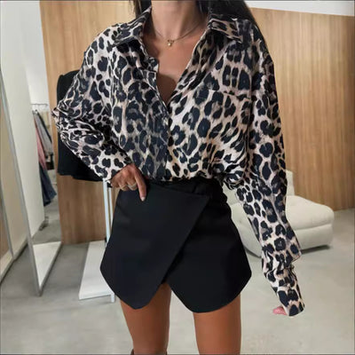 Vintage Leopard Print Lapel Single Breasted Loose Casual Long Sleeves Shirt by Glamytek