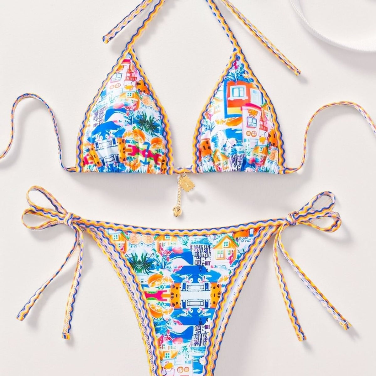 Contrasting-color printed lace-up sexy two-piece swimsuit
