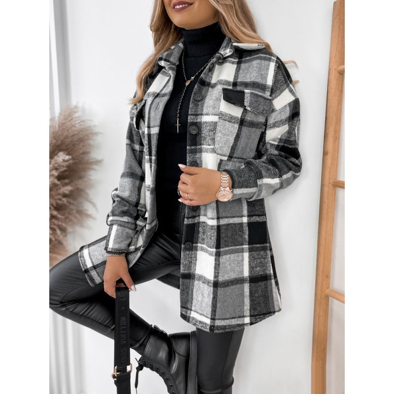 Long Sleeve Single-breasted Plaid Printed Blouse Collar Woolen Coat by Glamytek