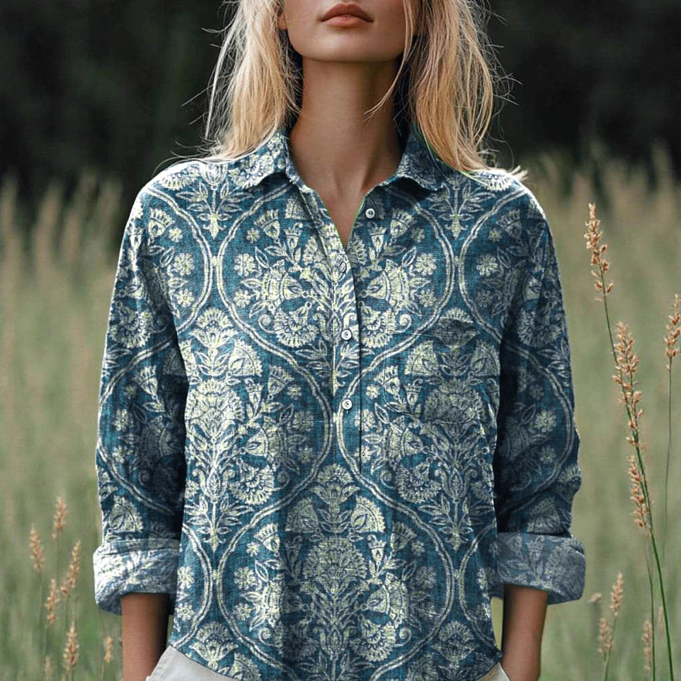 New Casual Printed Floral Button Polo Collar Top Shirt For Women by Glamytek