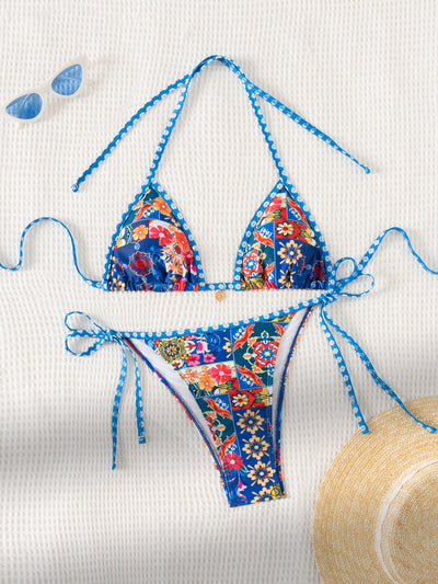 Contrasting-color printed lace-up sexy two-piece swimsuit by Glamytek