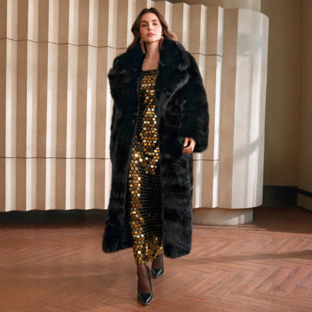 Womens Fall Winter Fluffy Long Imitation Fox Fur Jacket