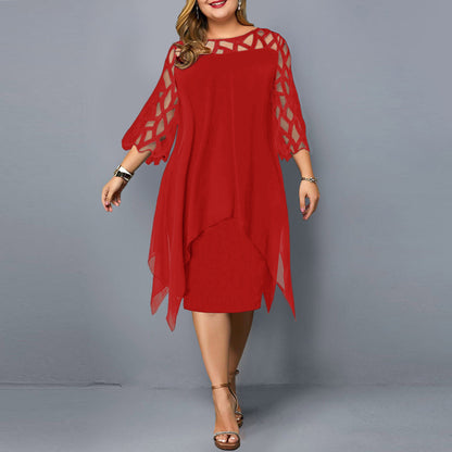 Lace-stitched three-quarter-length dress