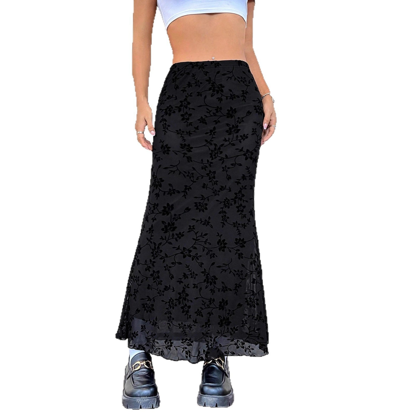 Dark Green Floral Half-length Fishtail Skirt For Women by Glamytek