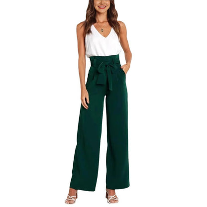 Wide-leg high-waisted lace-up dress pants woman