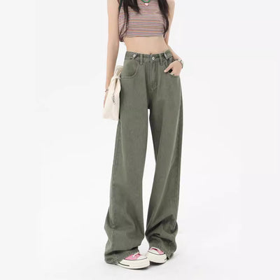 Green High Waist Wide Leg Jeans For Women Loose Drooping by Glamytek