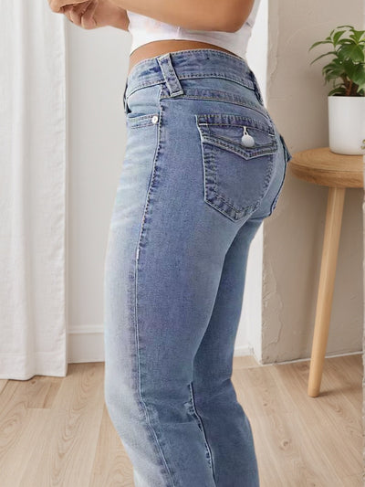 Women's High Waisted Elastic Slim Fit Wide Leg Jeans - Retro Washed Light Blue, All Season Casual Pants, Built-in Zipper, Machine Washable, Multifunctional, Comfortable And Fashionable Clothing by Glamytek