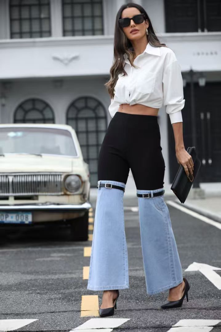 2025 Women's New Denim Flared Pants, Slim Fit Thighs, Slim Calves, Small Knee Straps, Calf Design Pockets, Mini Version Knee Jeans, Full Of Design Sense, Street Style, Women's Denim by Glamytek