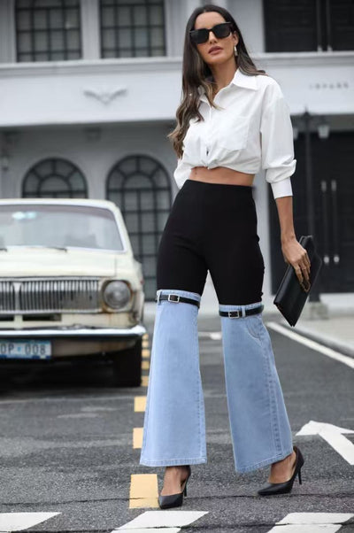 2025 Women's New Denim Flared Pants, Slim Fit Thighs, Slim Calves, Small Knee Straps, Calf Design Pockets, Mini Version Knee Jeans, Full Of Design Sense, Street Style, Women's Denim by Glamytek