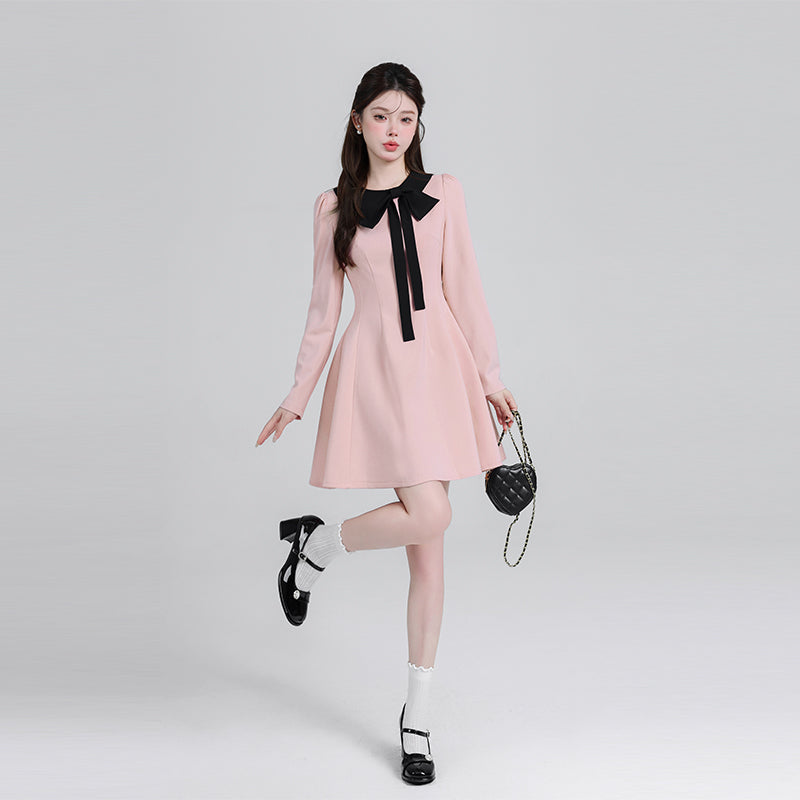 Tweed Style Pink Bows Halter Neck Dress