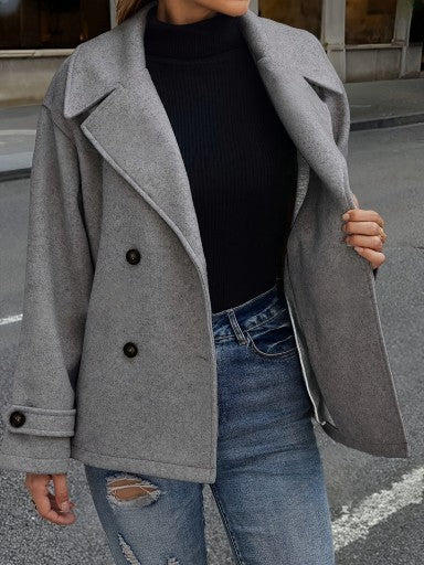 Womens Woolen Coat Dark Gray Loose Fit Short Overcoat