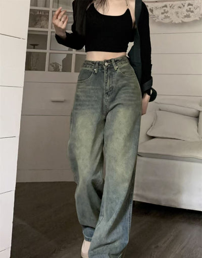 2025 New Retro Style, Washed Plain Loose Fit, Casual Style, Zipper Button Closure Jeans, Suitable For All Seasons, Versatile And Error Free. by Glamytek