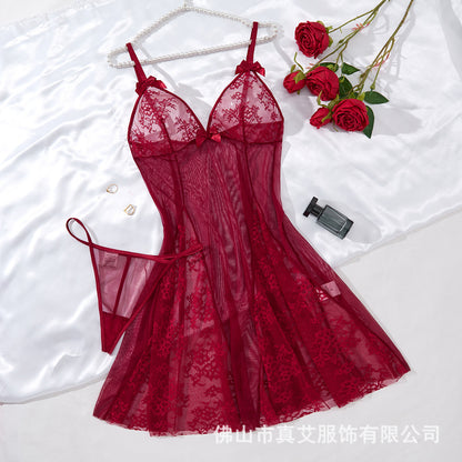 Sexy Deep V Backless Mesh Nightgown