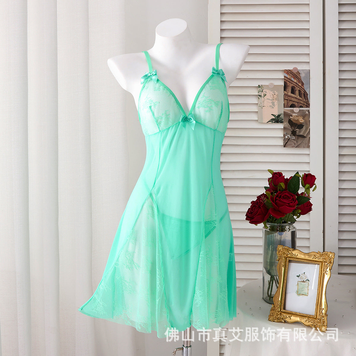 Sexy Deep V Backless Mesh Nightgown
