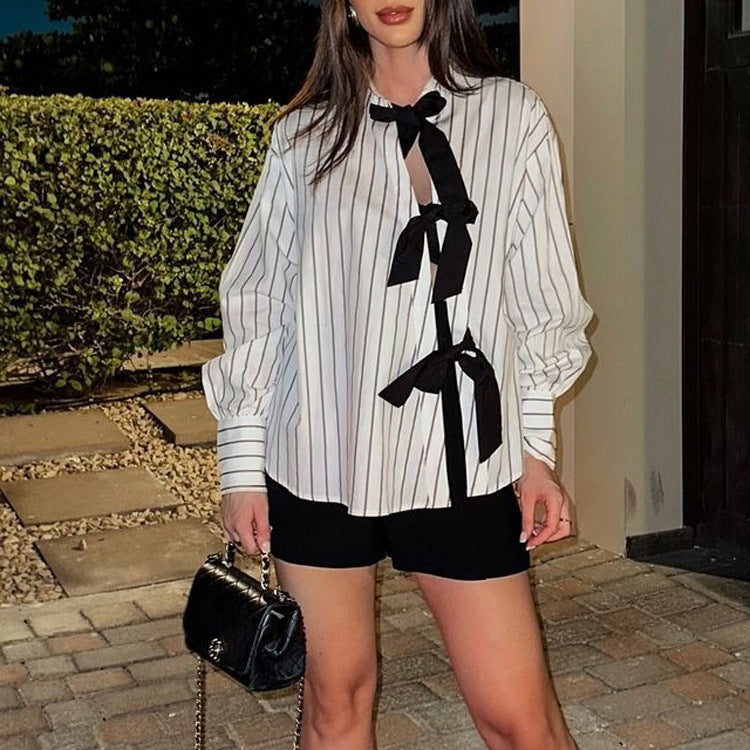 Lapel Long Sleeve Bowknot Lace Printing Striped Shirt by Glamytek