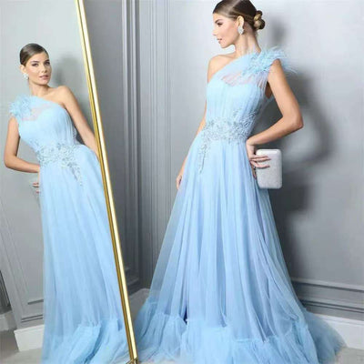 Blue One-shoulder Feather Wedding Dress by Glamytek