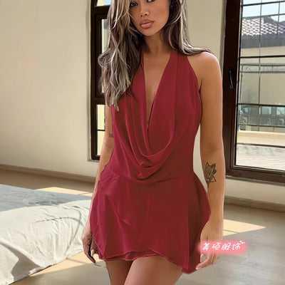 Pure desire hot girl chiffon neck deep V low collar dress autumn and winter new high sense solid color sleeveless skirt by Glamytek