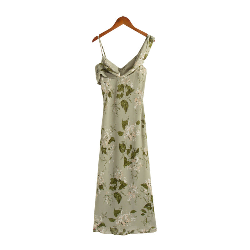 Printed mid-length V-neck halter dress