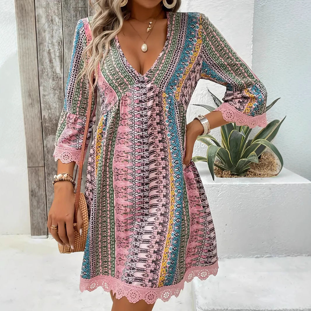 Bohemian Style V-neck Printed Dress Fashion Casual Loose Beach Dresses For Women by Glamytek