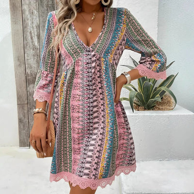 Bohemian Style V-neck Printed Dress Fashion Casual Loose Beach Dresses For Women by Glamytek