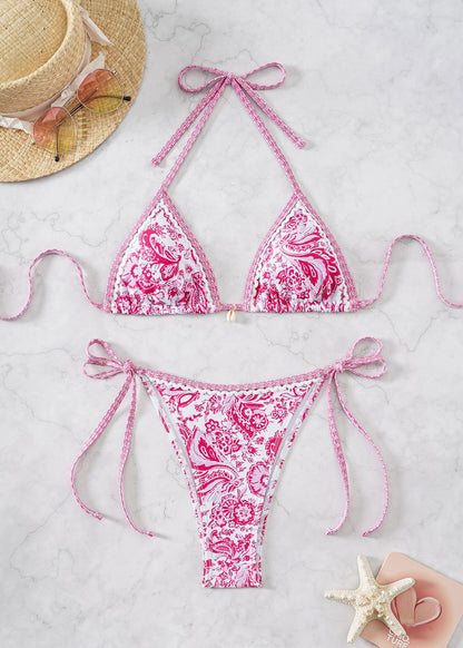 Contrasting-color printed lace-up sexy two-piece swimsuit