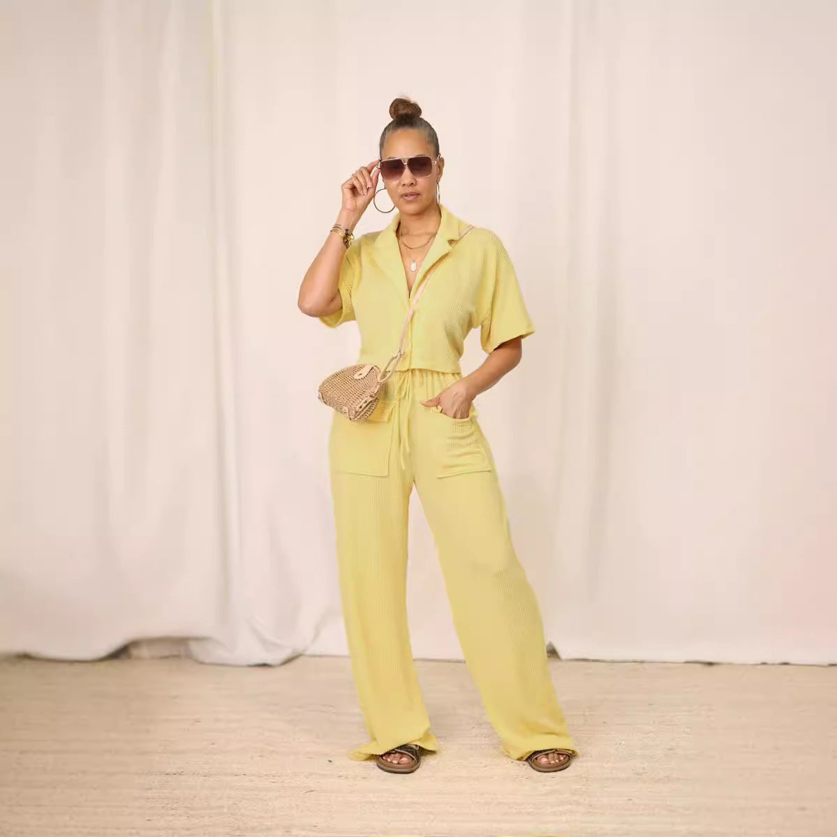 Shirt collar top, long casual wide-leg pants set