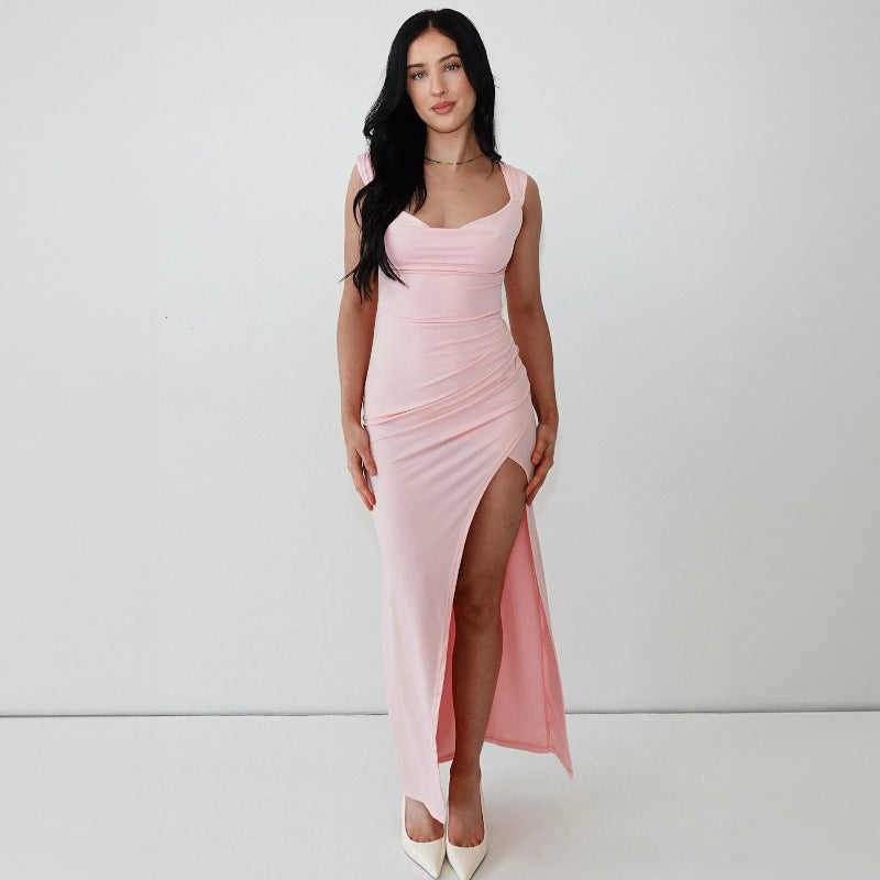 European and American women's spring and summer new fashion temperament solid color sleeveless backless back lace slim split dress wholesale by Glamytek