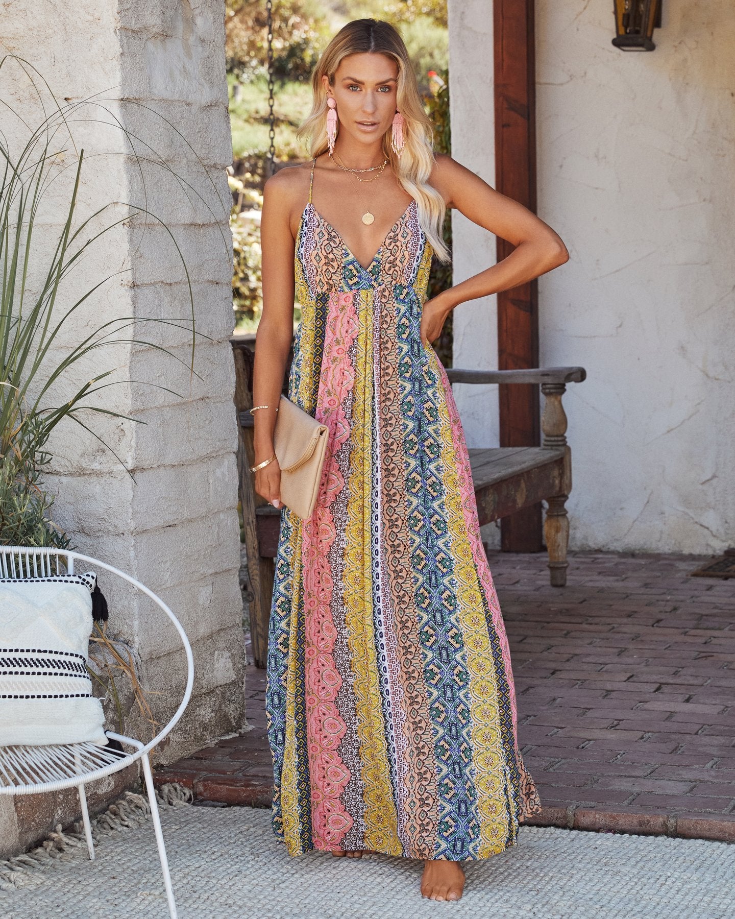 A large halter dress with printed straps