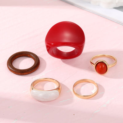 New Trendy Rings Set For Women Exaggerated Red Resin Enamel Wooden Geometric Finger Ring Punk Fashion Jewelry by Glamytek