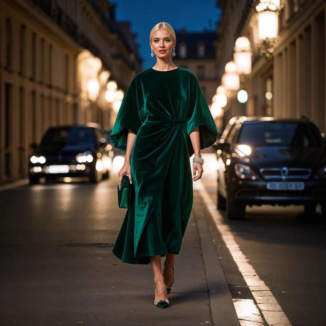 Women's Fashion Elegant Gold Velvet Waist-tight Batwing Sleeve Dress