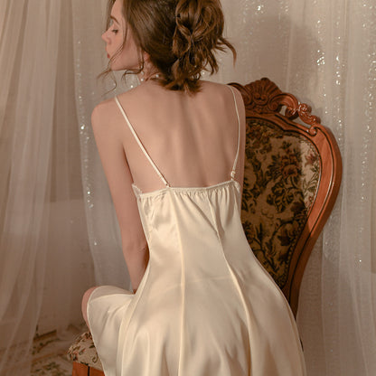 Women's Ice Silk Sling Backless Lace Pajama Set