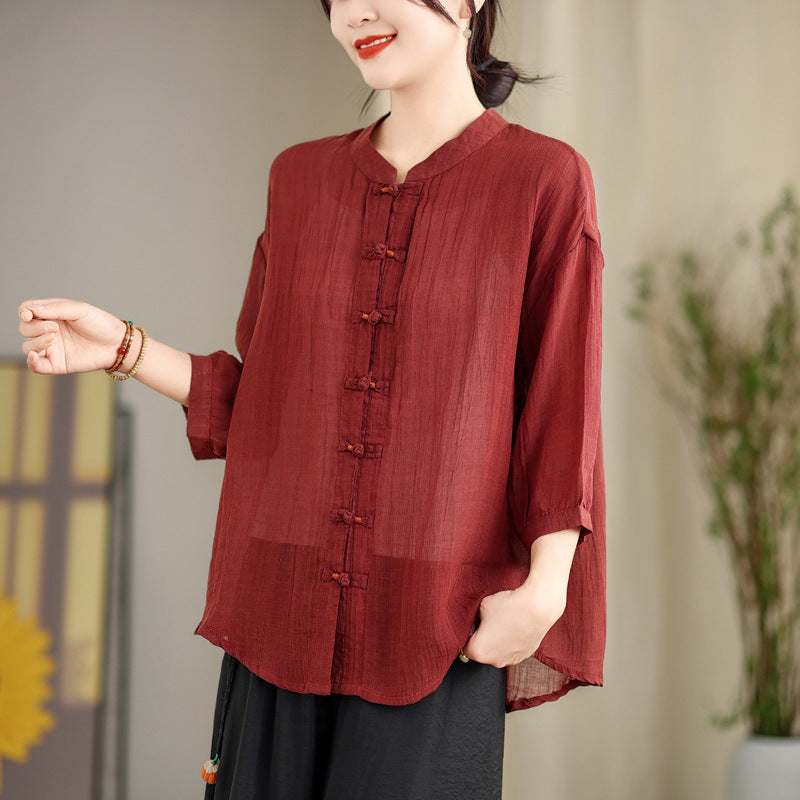 New Chinese-style Button-up Shirt For Women, Loose Fit, Plus Size, Casual Retro Cotton-linen Top, Air-conditioning And Sun-proof Cardigan by Glamytek