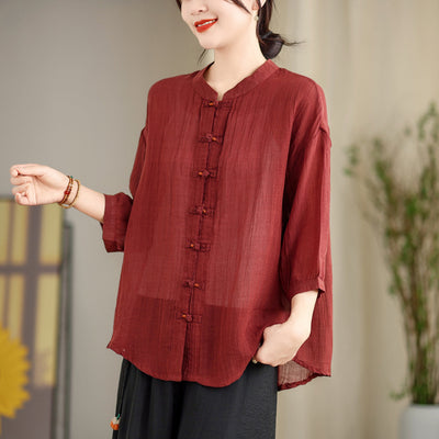 New Chinese-style Button-up Shirt For Women, Loose Fit, Plus Size, Casual Retro Cotton-linen Top, Air-conditioning And Sun-proof Cardigan by Glamytek
