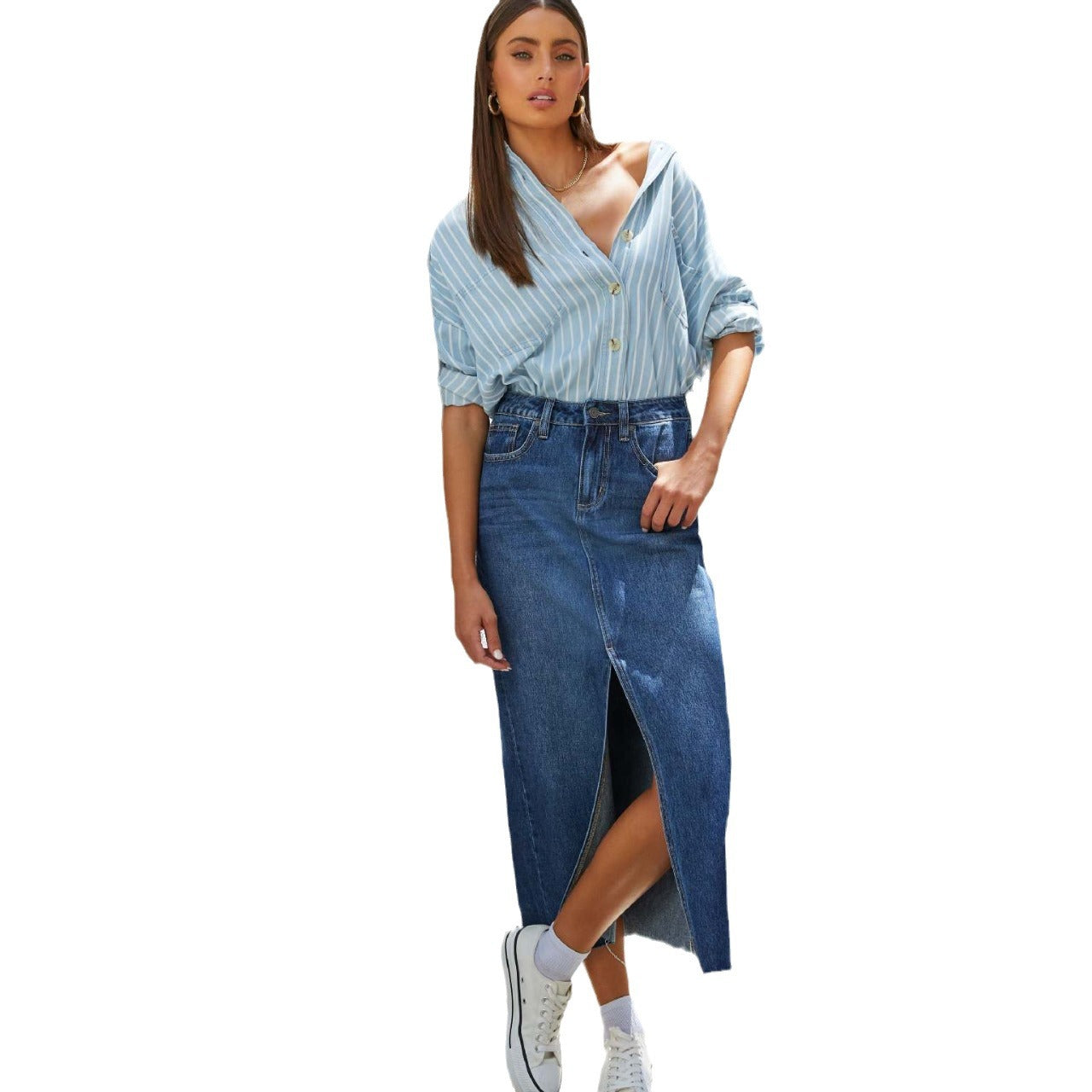Stylish A-line Denim Skirt with Side Slit by Glamytek