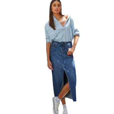 Stylish A-line Denim Skirt with Side Slit by Glamytek