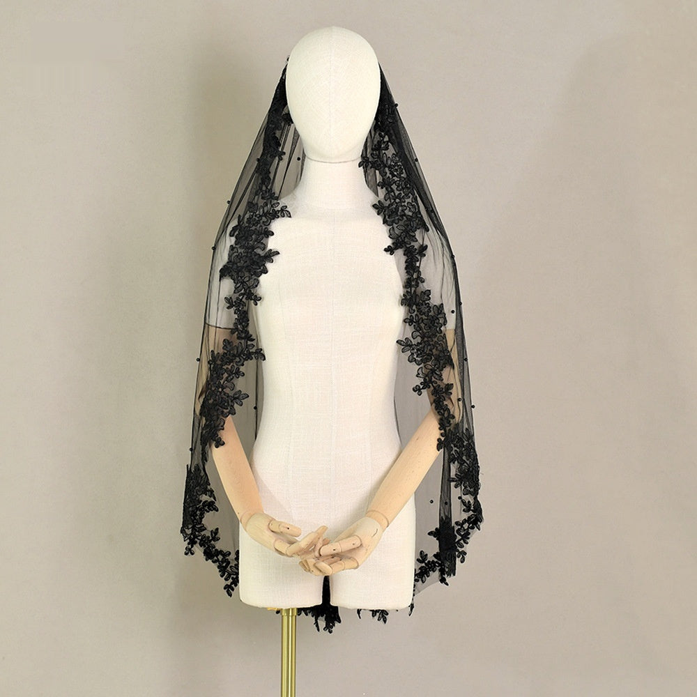 Exquisite Lace Black Veil Pearl Bridal Veil by Glamytek