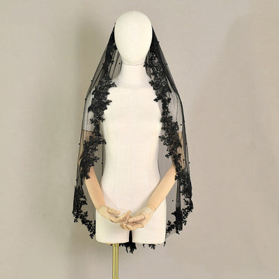 Exquisite Lace Black Veil Pearl Bridal Veil by Glamytek