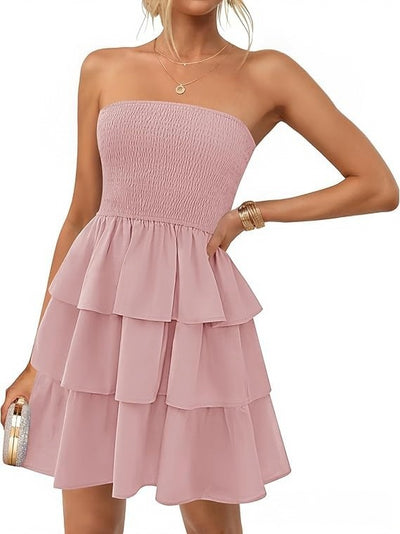 Women's Summer Pleated Tube Top Dress Off-the-shoulder Dress by Glamytek