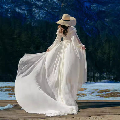 Retro Lace Long Tail Dress with Bubble Sleeves