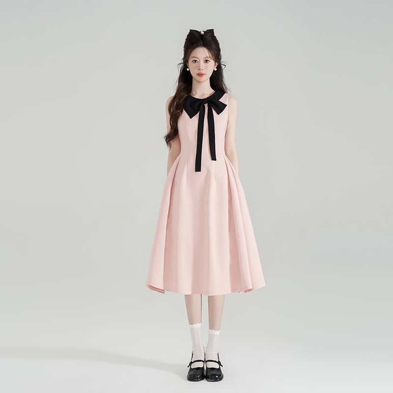 Tweed Style Pink Bows Halter Neck Dress