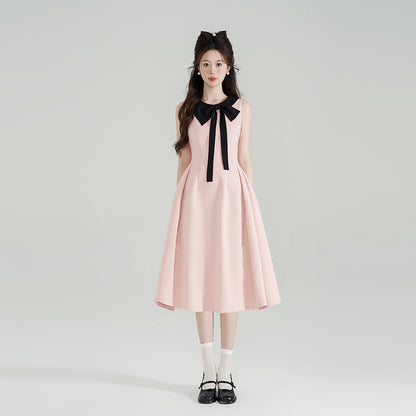 Tweed Style Pink Bows Halter Neck Dress