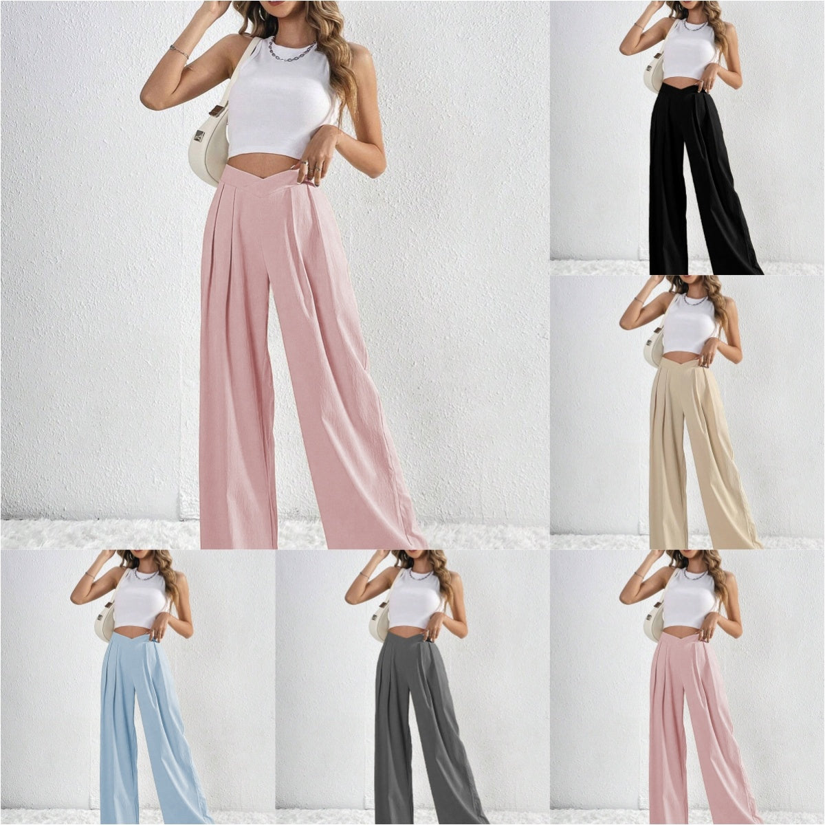 Summer New Solid Color Pleated Casual Wide-leg Pants Loose Casual Women's Commuting Versatile Style Comfortable TrousersS by Glamytek